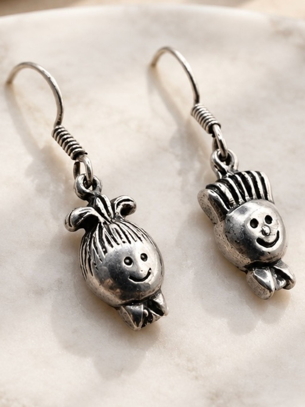 Vintage EFS 925 Sterling Silver Kids Smiley Face Dangle Earrings